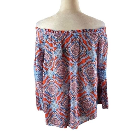 Crown & Ivy Orange and Blue Paisley Bell Sleeve Top, Size PS - Picture 3 of 9